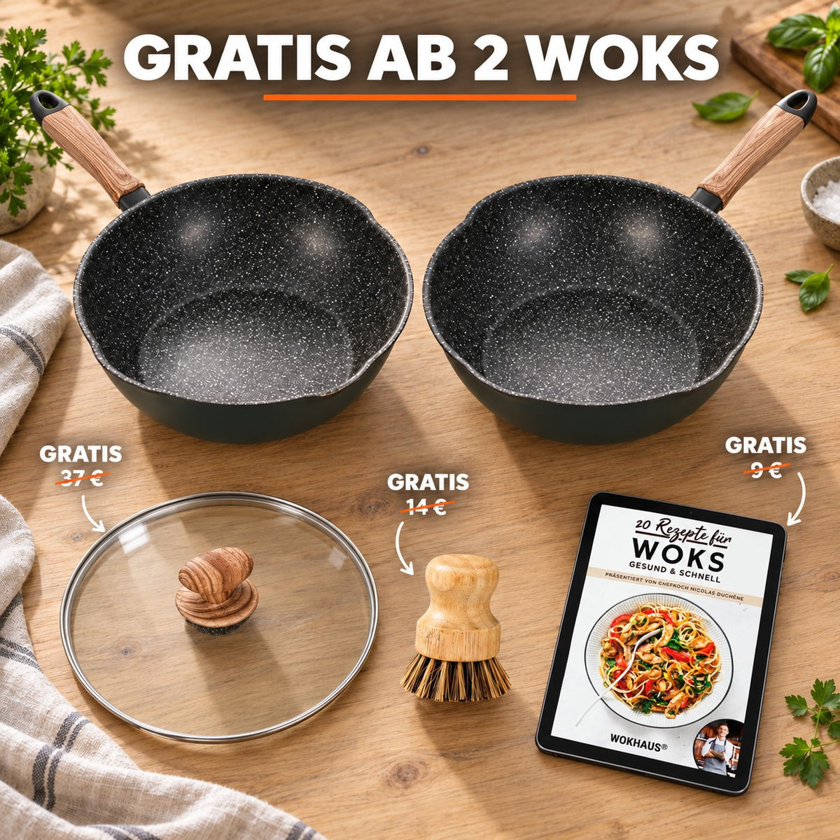 Le Tsurugi – Wok 28 Keramikbeschichtet, GRATIS AB 2 WOKS: Glasdeckel (37 €), Bambusbürste (14 €), Rezeptbuch (9 €)