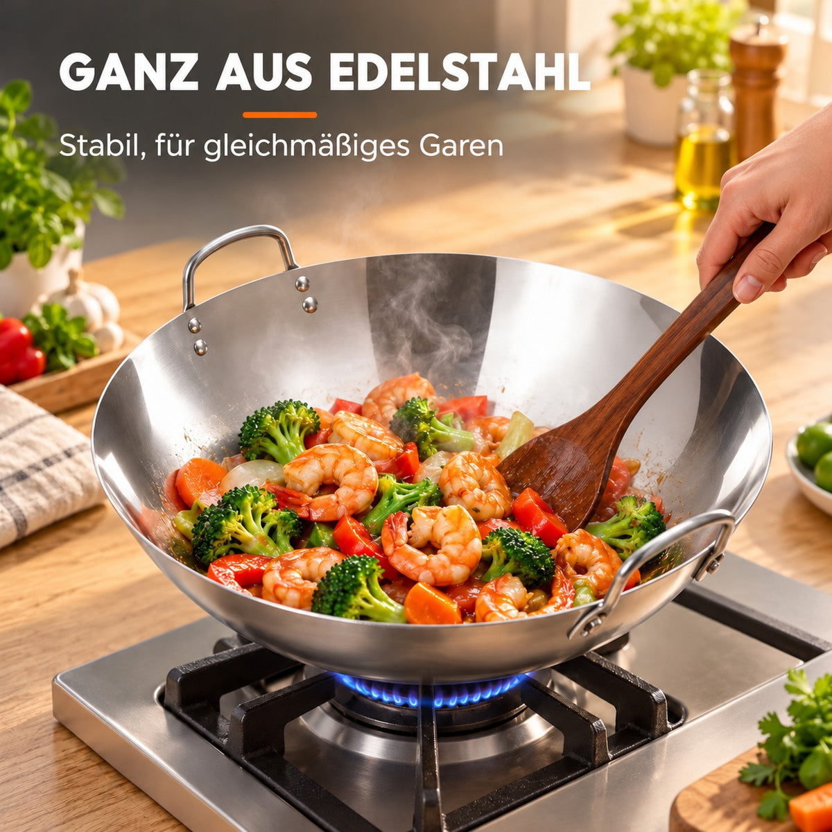 Le Hotaka – Wok 30 Cm, GANZ AUS EDELSTAHL: Stabil, für gleichmäßiges Garen