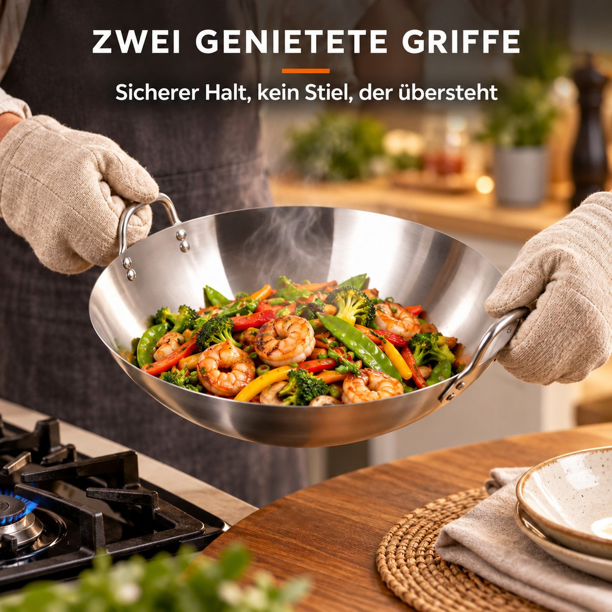 Le Hotaka – Wok 30 Cm, ZWEI GENIETETE GRIFFE: Sicherer Halt, kein Stiel, der übersteht