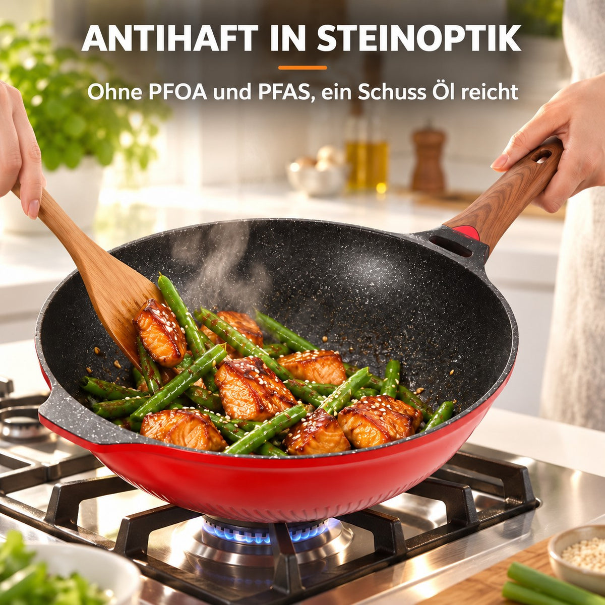 Le Murano – Wok 32 Cm Beschichtet, ANTIHAFT IN STEINOPTIK: Ohne PFOA und PFAS, ein Schuss Öl reicht