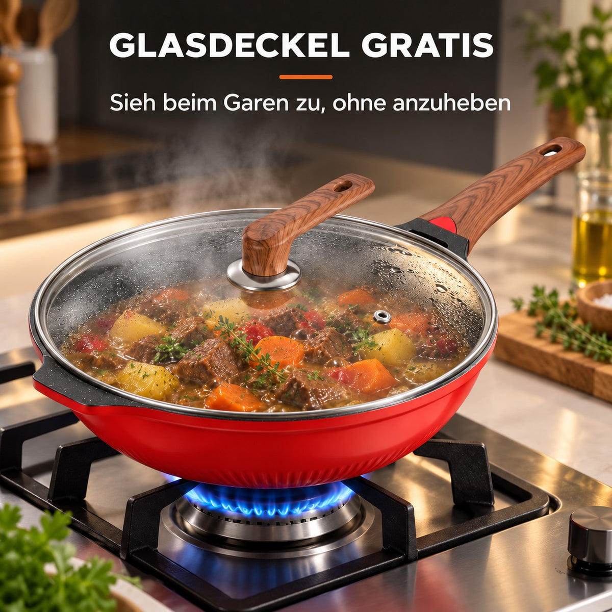 Le Murano – Wok 32 Cm Beschichtet, GLASDECKEL GRATIS: Sieh beim Garen zu, ohne anzuheben