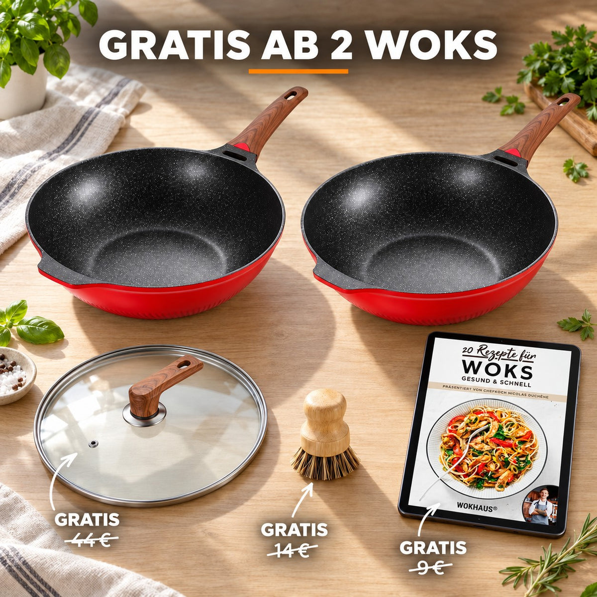 Le Murano – Wok 32 Cm Beschichtet, GRATIS AB 2 WOKS: Glasdeckel (44 €), Bambusbürste (14 €), Rezeptbuch (9 €)