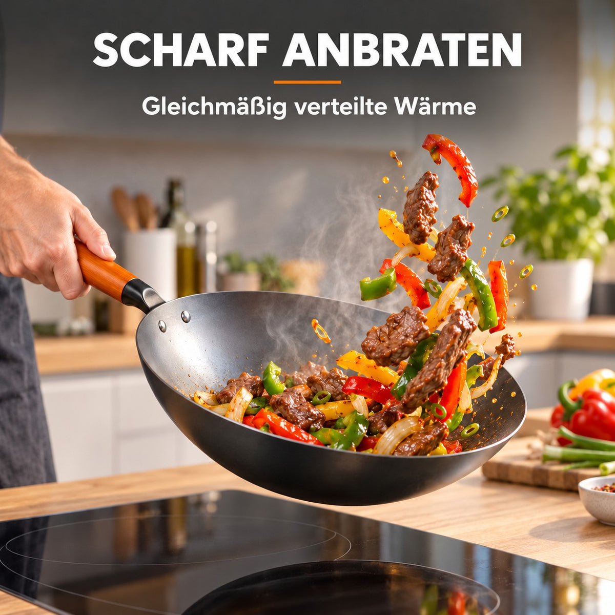 Le Oniri – Wok 32 Cm, SCHARF ANBRATEN: Gleichmäßig verteilte Wärme
