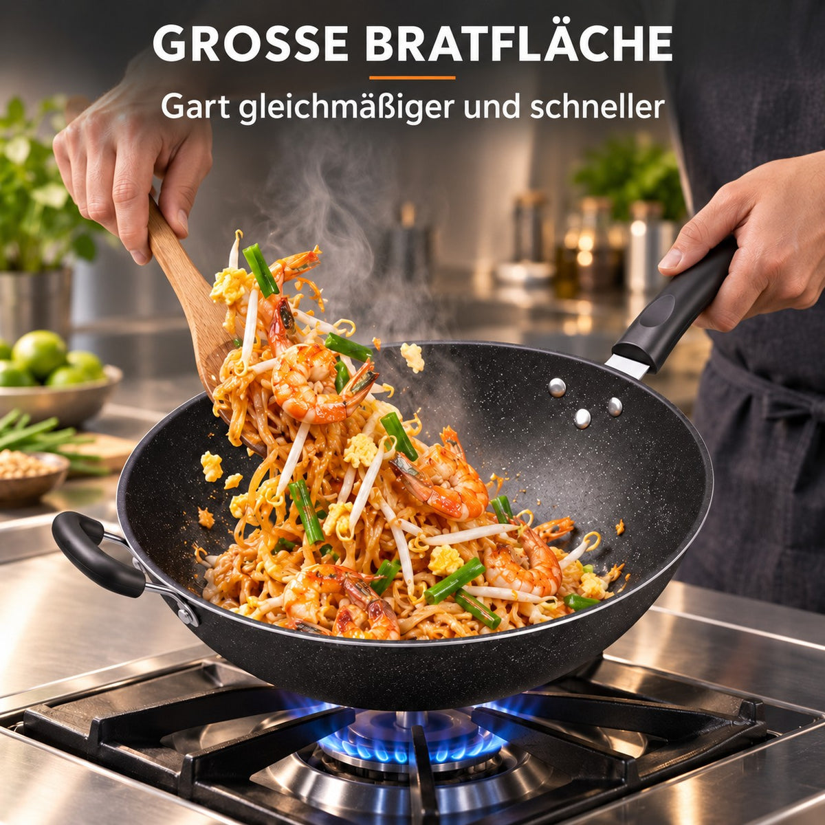 Le Lanska – Wok Beschichtet Induktion, GROSSE BRATFLÄCHE: Gart gleichmäßiger und schneller