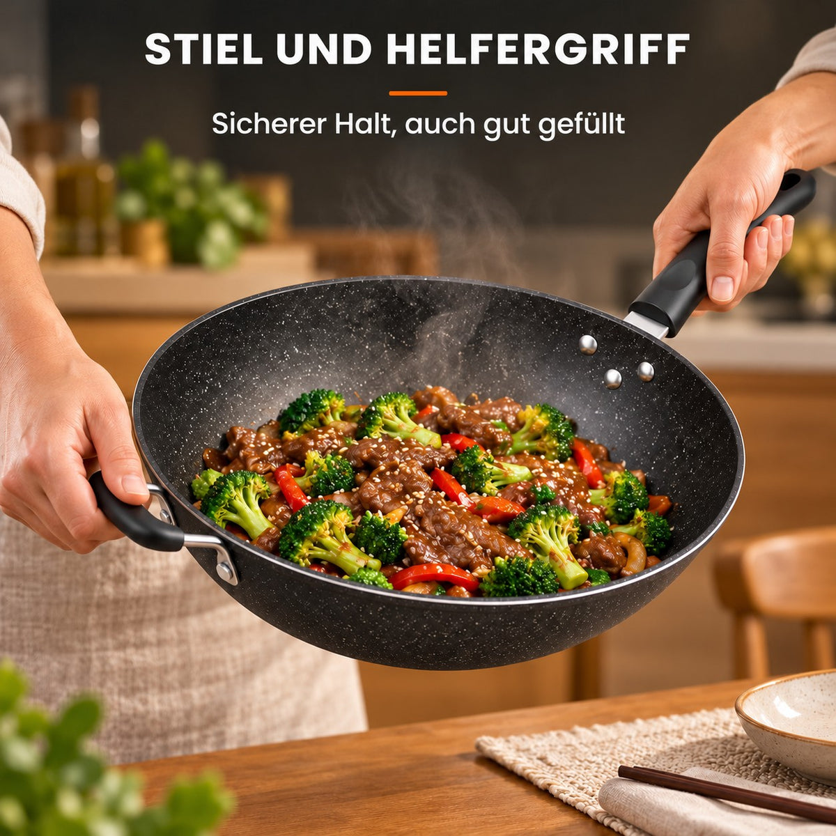 Le Lanska – Wok Beschichtet Induktion, STIEL UND HELFERGRIFF: Sicherer Halt, auch gut gefüllt
