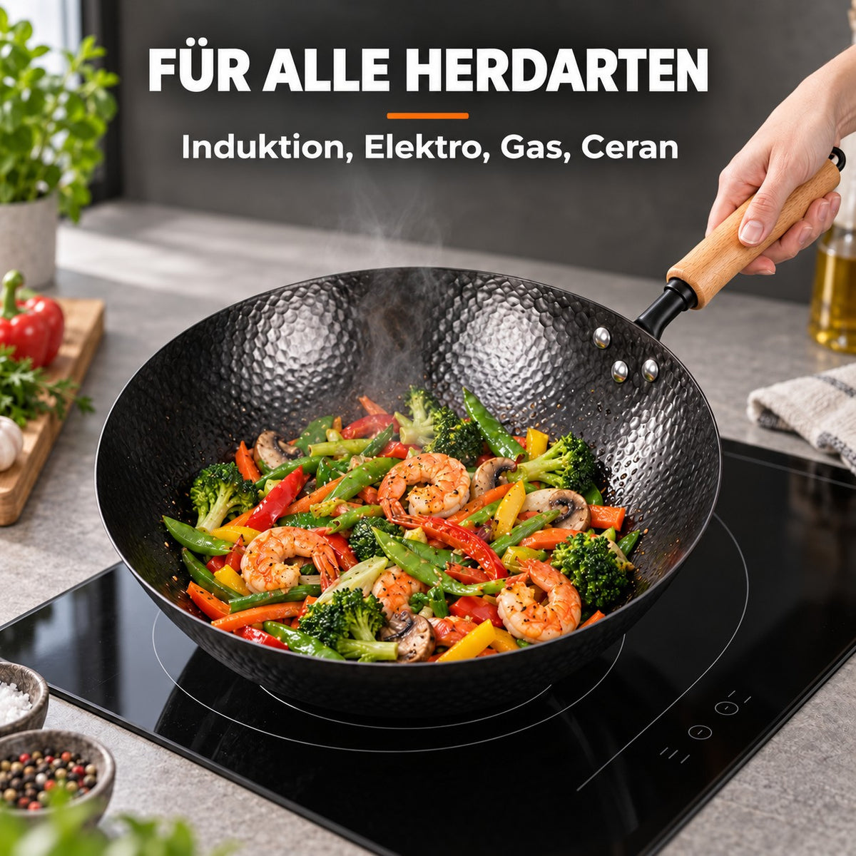 Le Kumichi – Wok Carbonstahl Flacher Boden, FÜR ALLE HERDARTEN: Induktion, Elektro, Gas, Ceran