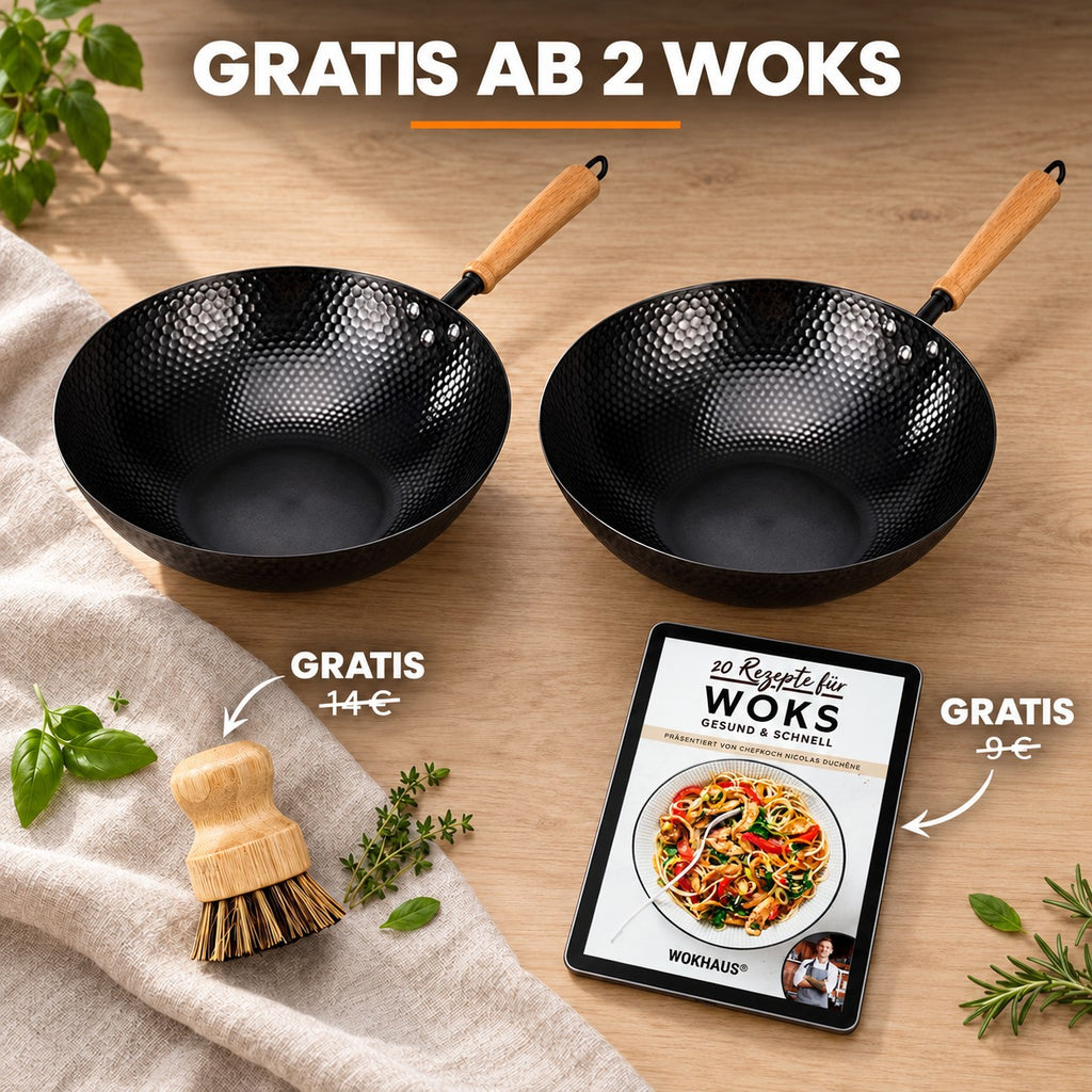 Le Kumichi – Wok Carbonstahl Flacher Boden, GRATIS AB 2 WOKS: Bambusbürste (14 €), Rezeptbuch (9 €)