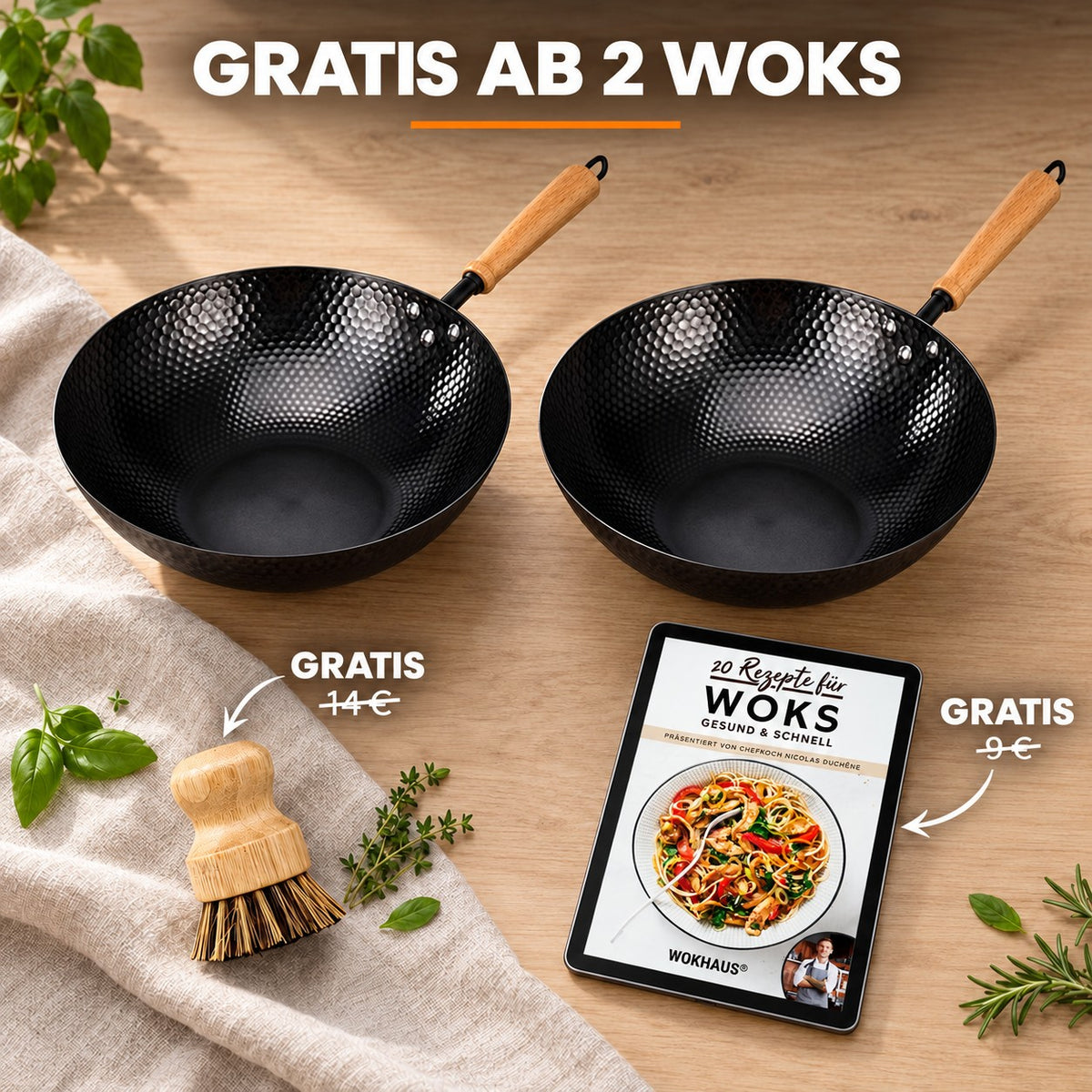 Le Kumichi – Wok Carbonstahl Flacher Boden, GRATIS AB 2 WOKS: Bambusbürste (14 €), Rezeptbuch (9 €)
