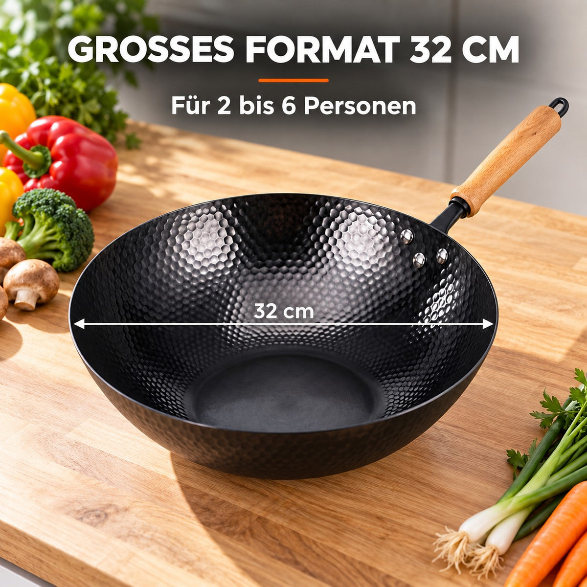 Le Kumichi – Wok Carbonstahl Flacher Boden, GROSSES FORMAT 32 CM: Für 2 bis 6 Personen