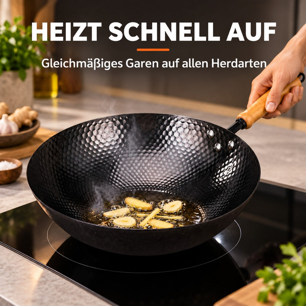 Le Kumichi – Wok Carbonstahl Flacher Boden, HEIZT SCHNELL AUF: Gleichmäßiges Garen auf allen Herdarten