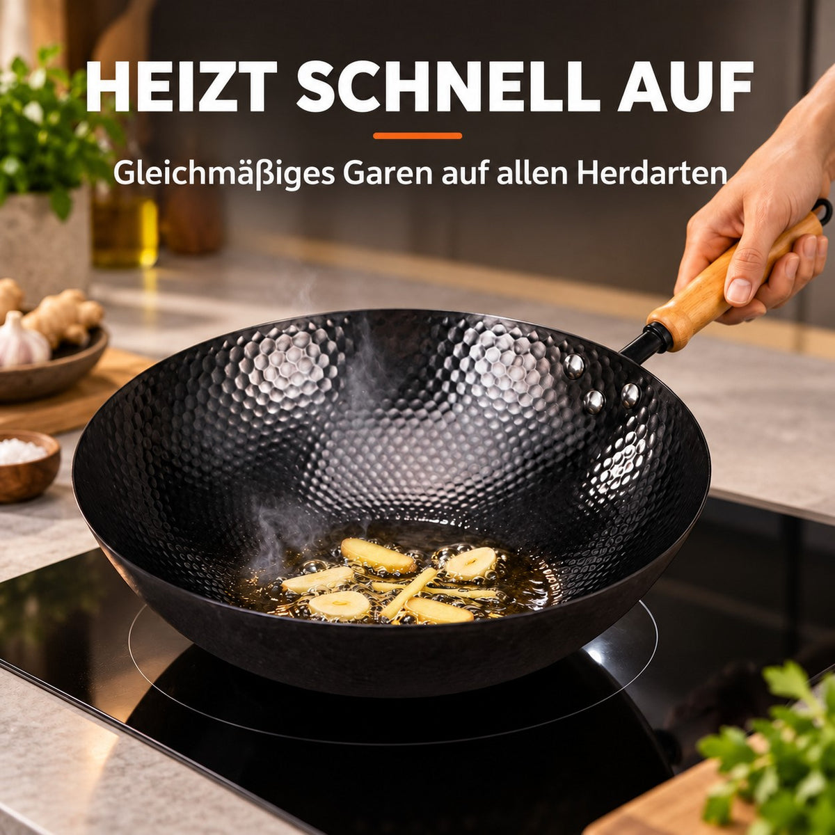 Le Kumichi – Wok Carbonstahl Flacher Boden, HEIZT SCHNELL AUF: Gleichmäßiges Garen auf allen Herdarten