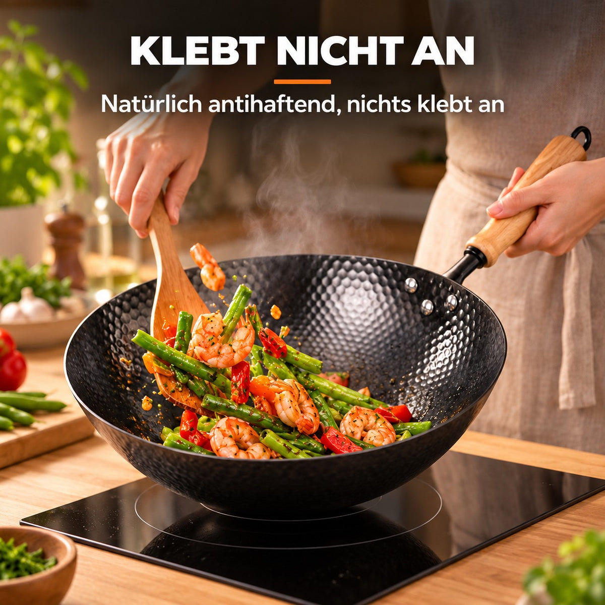 Le Kumichi – Wok Carbonstahl Flacher Boden, KLEBT NICHT AN: Natürlich antihaftend, nichts klebt an