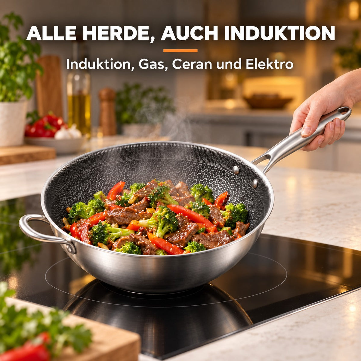 Le Hiuchi – Wok Edelstahl Beschichtet, ALLE HERDE, AUCH INDUKTION: Induktion, Gas, Ceran und Elektro