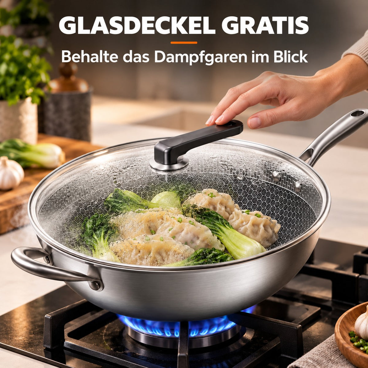 Le Hiuchi – Wok Edelstahl Beschichtet, GLASDECKEL GRATIS: Behalte das Dampfgaren im Blick