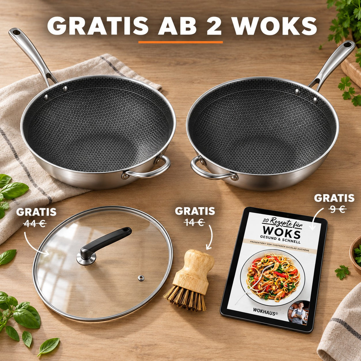 Le Hiuchi – Wok Edelstahl Beschichtet, GRATIS AB 2 WOKS: Glasdeckel (44 €), Bambusbürste (14 €), Rezeptbuch (9 €)