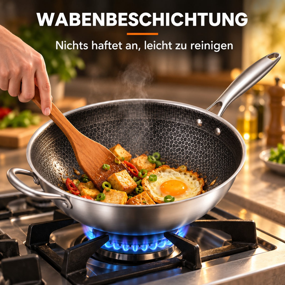 Le Hiuchi – Wok Edelstahl Beschichtet, WABENBESCHICHTUNG: Nichts haftet an, leicht zu reinigen