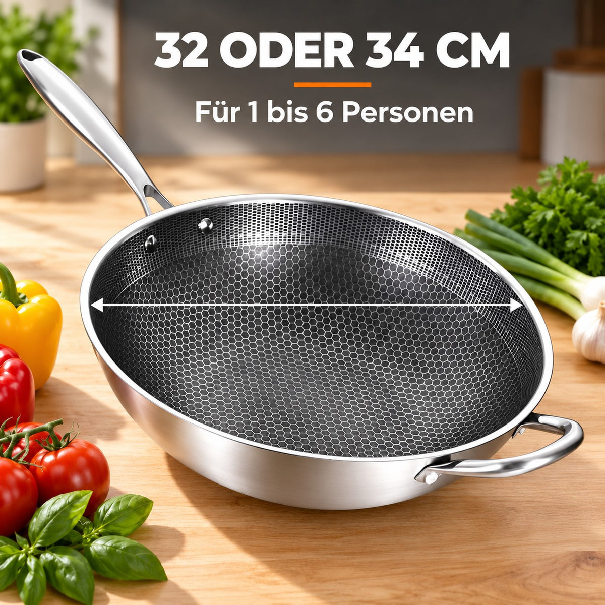 Le Iide – Wok Edelstahl Induktion, 32 ODER 34 CM: Für 1 bis 6 Personen
