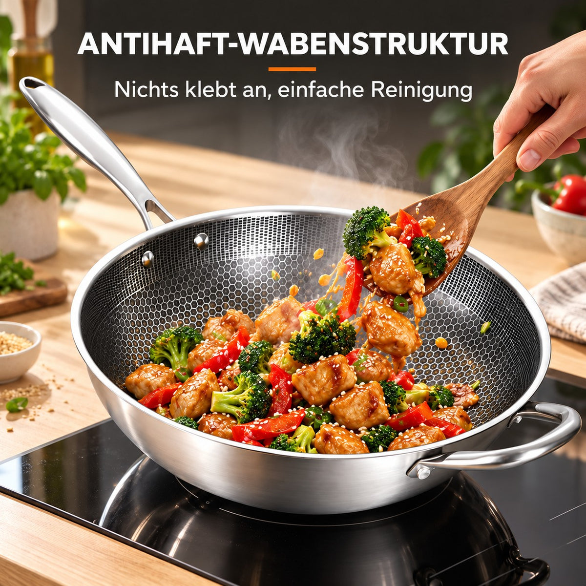 Le Iide – Wok Edelstahl Induktion, ANTIHAFT-WABENSTRUKTUR: Nichts klebt an, einfache Reinigung