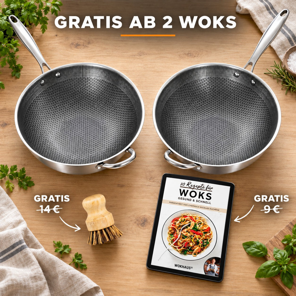 Le Iide – Wok Edelstahl Induktion, GRATIS AB 2 WOKS: Bambusbürste (14 €), Rezeptbuch (9 €)