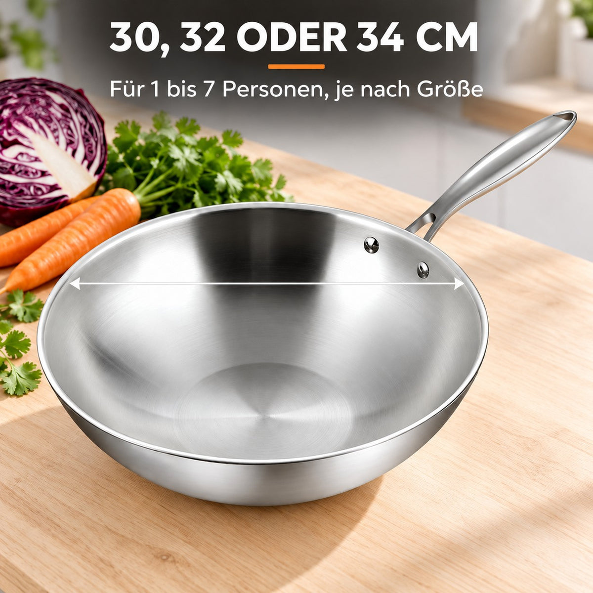 Le Ishizuchi – Wok Edelstahl mit Deckel, 30, 32 ODER 34 CM: Für 1 bis 7 Personen, je nach Größe