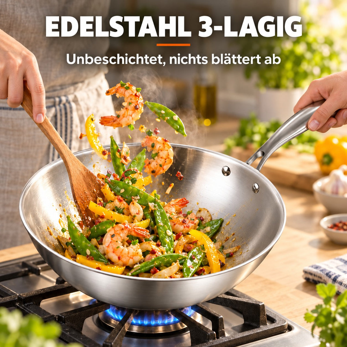 Le Ishizuchi – Wok Edelstahl mit Deckel, EDELSTAHL 3-LAGIG: Unbeschichtet, nichts blättert ab