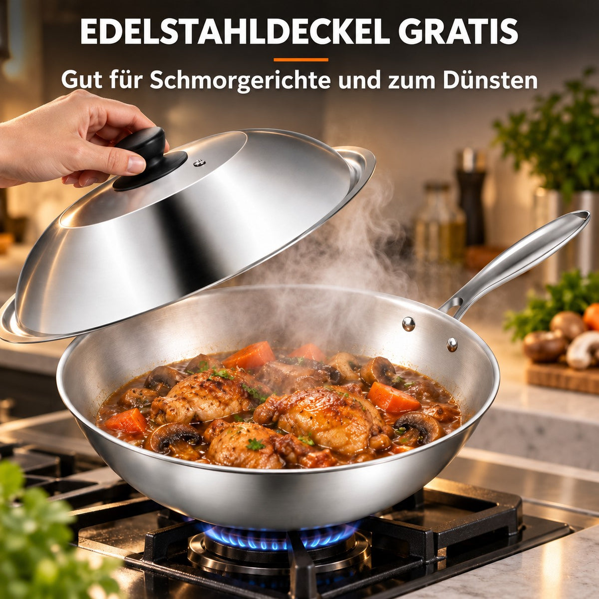 Le Ishizuchi – Wok Edelstahl mit Deckel, EDELSTAHLDECKEL GRATIS: Gut für Schmorgerichte und zum Dünsten
