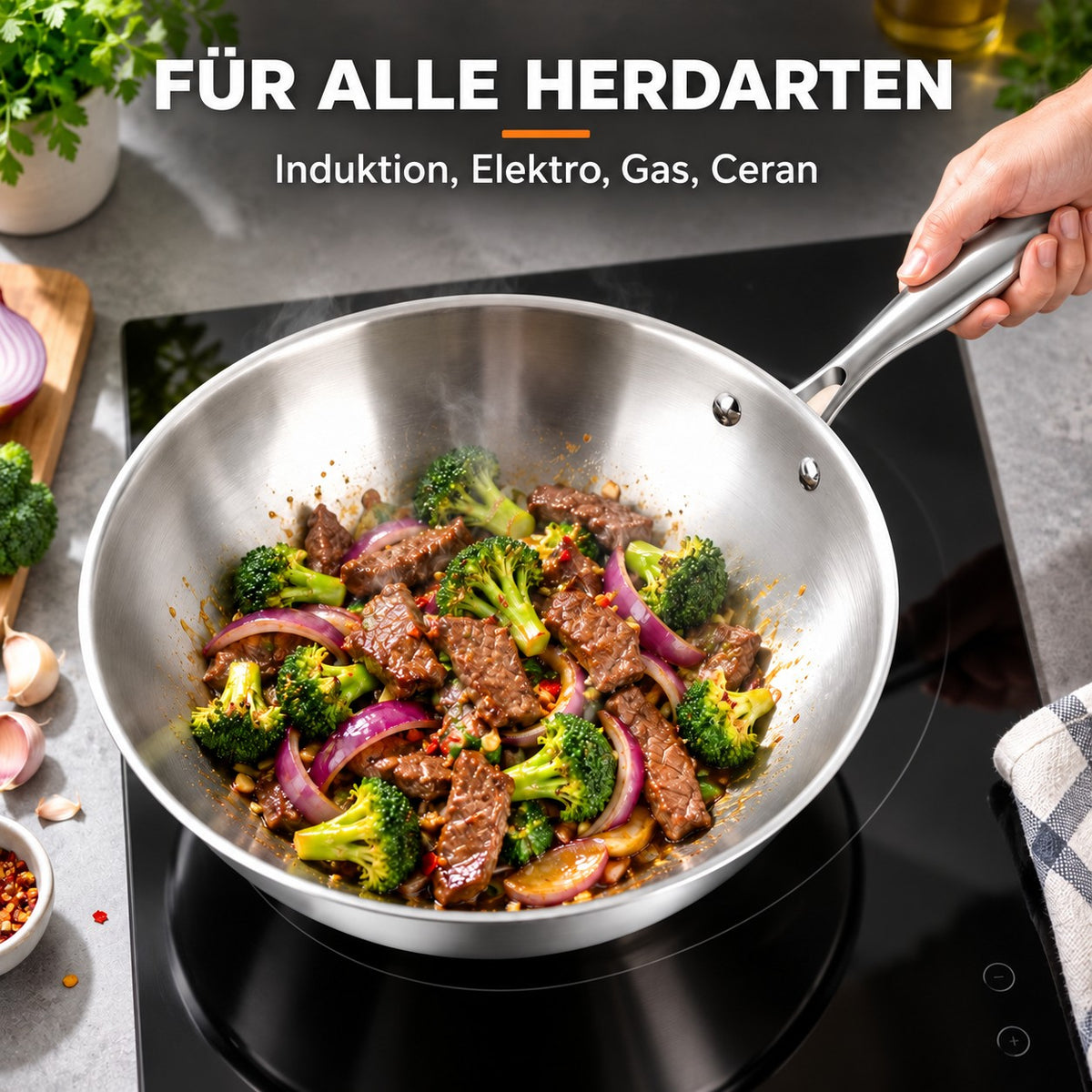 Le Ishizuchi – Wok Edelstahl mit Deckel, FÜR ALLE HERDARTEN: Induktion, Elektro, Gas, Ceran