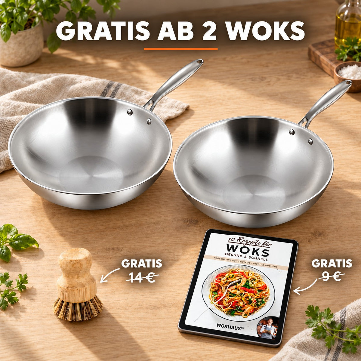 Le Ishizuchi – Wok Edelstahl mit Deckel, GRATIS AB 2 WOKS: Bambusbürste (14 €), Rezeptbuch (9 €)