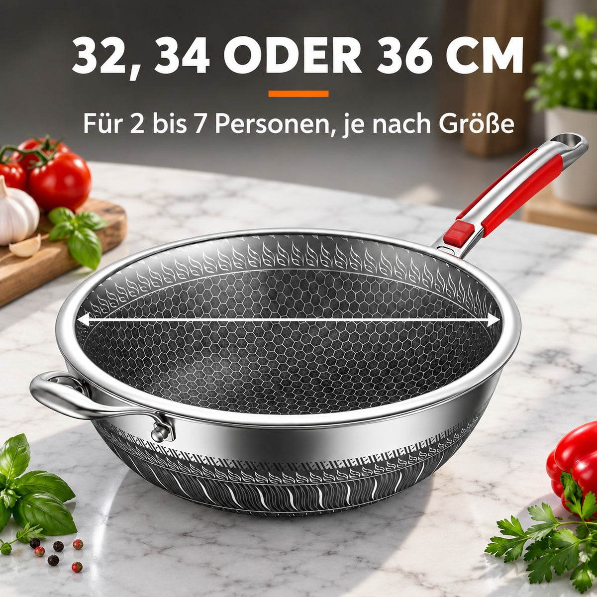 Le Yamuna – Wok Edelstahl mit Glasdeckel, 32, 34 ODER 36 CM: Für 2 bis 7 Personen, je nach Größe