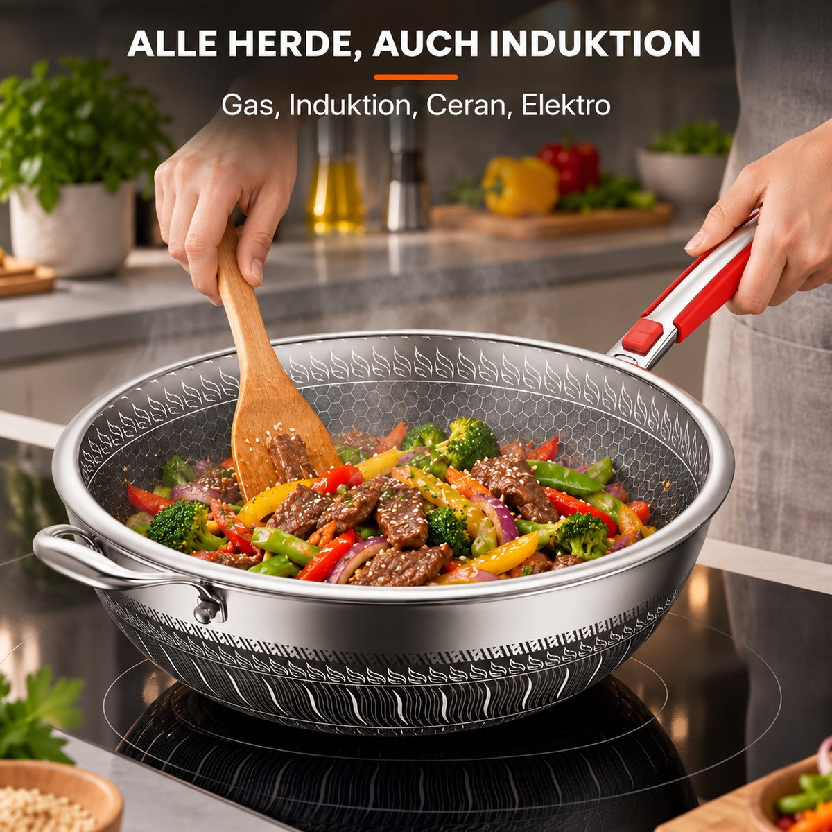 Le Yamuna – Wok Edelstahl mit Glasdeckel, ALLE HERDE, AUCH INDUKTION: Gas, Induktion, Ceran, Elektro