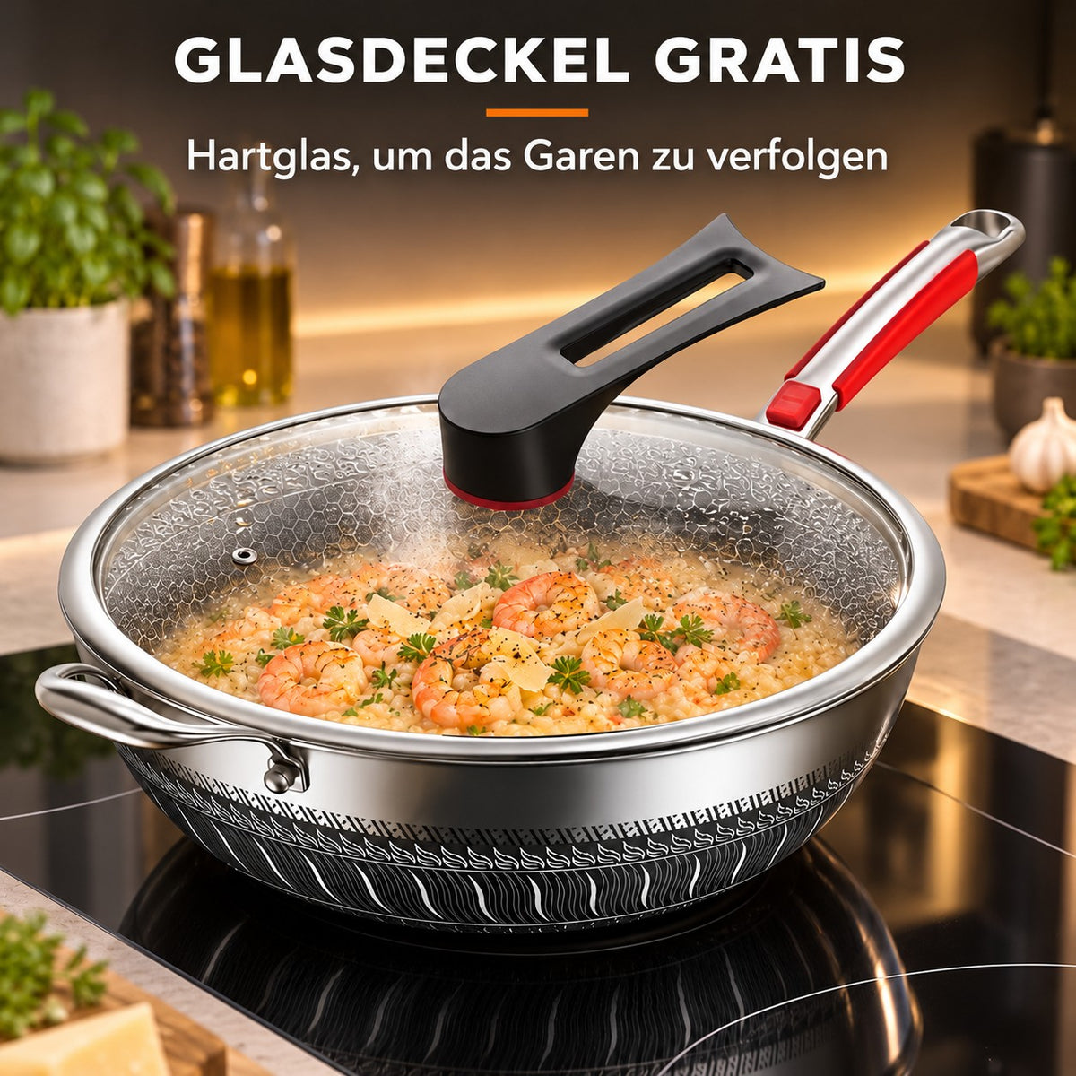 Le Yamuna – Wok Edelstahl mit Glasdeckel, GLASDECKEL GRATIS: Hartglas, um das Garen zu verfolgen
