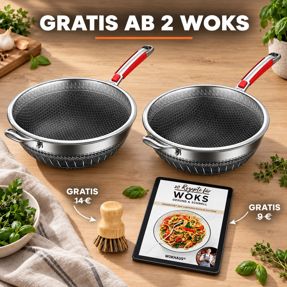 Le Yamuna – Wok Edelstahl mit Glasdeckel, GRATIS AB 2 WOKS: Bambusbürste (14 €), Rezeptbuch (9 €)