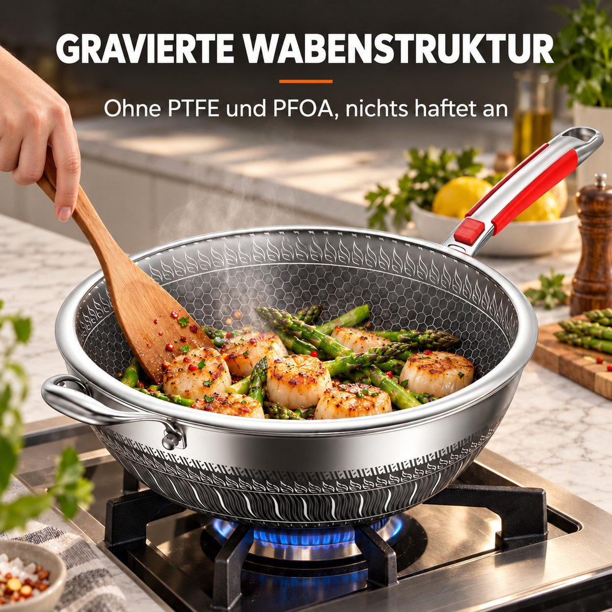 Le Yamuna – Wok Edelstahl mit Glasdeckel, GRAVIERTE WABENSTRUKTUR: Ohne PTFE und PFOA, nichts haftet an
