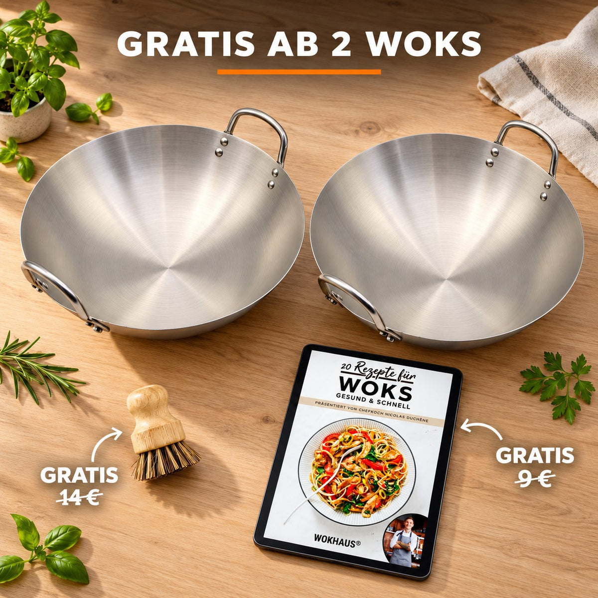 Le Tate – Wok Edelstahl Unbeschichtet, GRATIS AB 2 WOKS: Bambusbürste (14 €), Rezeptbuch (9 €)