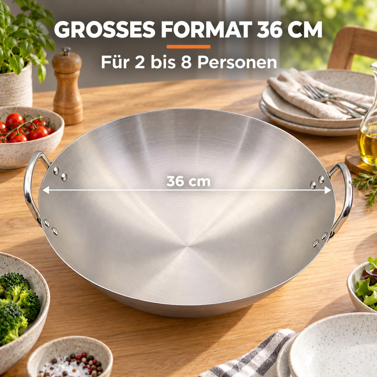 Le Tate – Wok Edelstahl Unbeschichtet, GROSSES FORMAT 36 CM: Für 2 bis 8 Personen