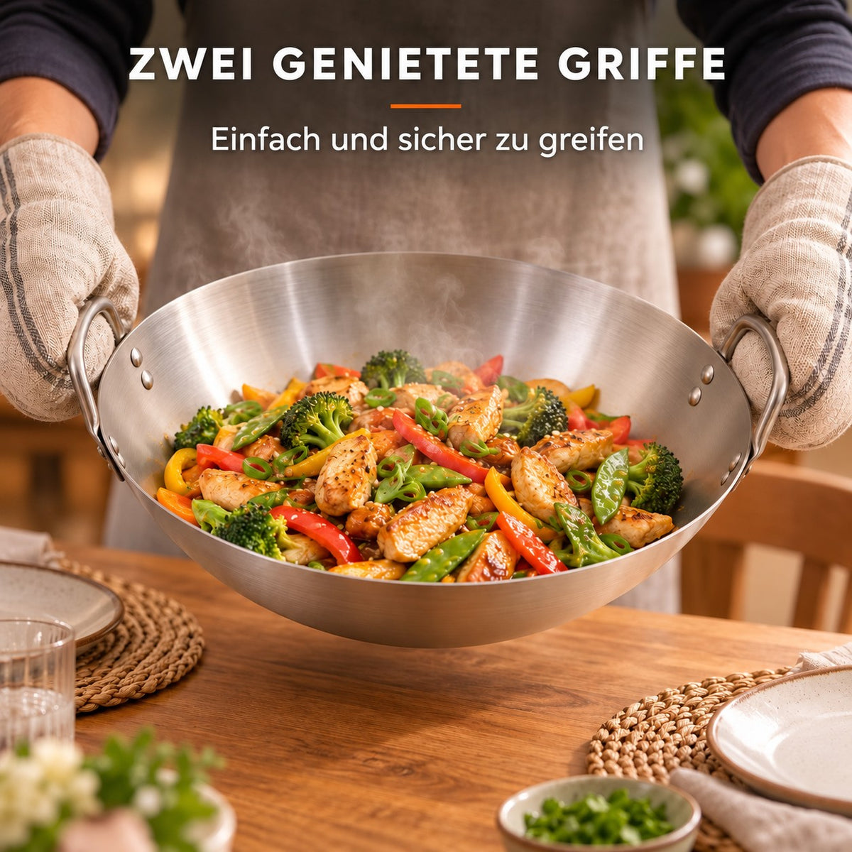 Le Tate – Wok Edelstahl Unbeschichtet, ZWEI GENIETETE GRIFFE: Einfach und sicher zu greifen