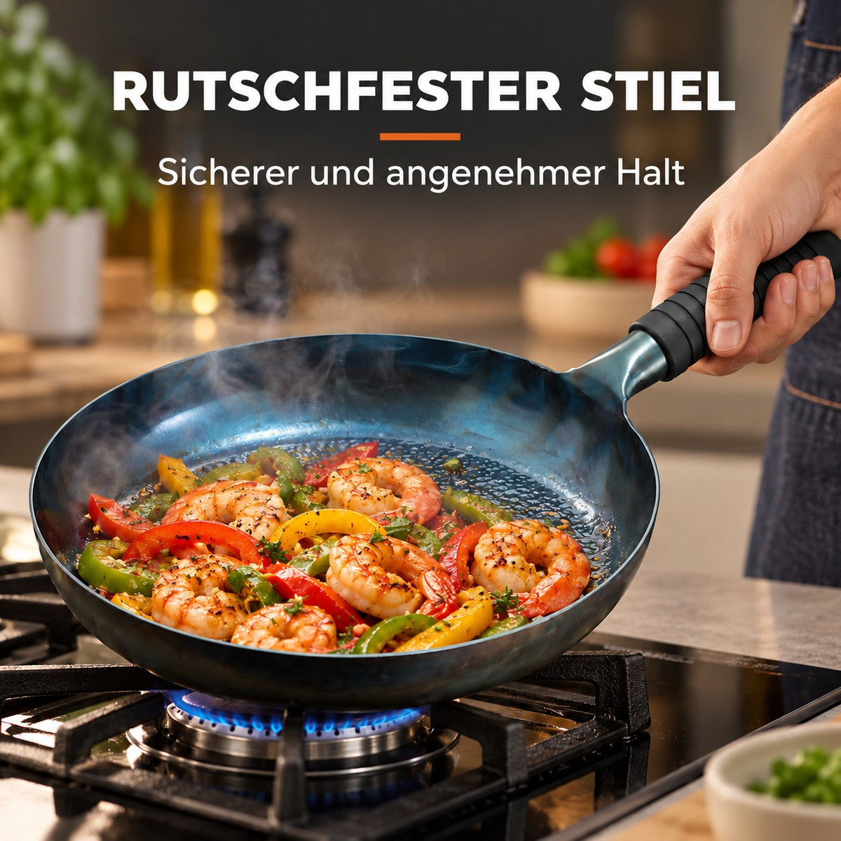 Le Apoi – Wok für Alle Herdarten, RUTSCHFESTER STIEL: Sicherer und angenehmer Halt
