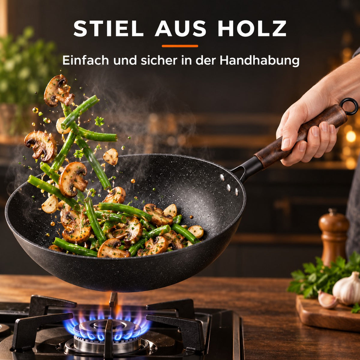 Le Kosanji – Wok für Elektroherd, STIEL AUS HOLZ: Einfach und sicher in der Handhabung