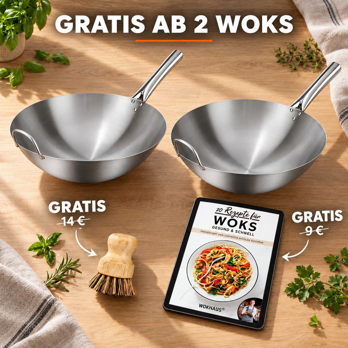 Le Asama – Wok für Gasbrenner, GRATIS AB 2 WOKS: Bambusbürste (14 €), Rezeptbuch (9 €)