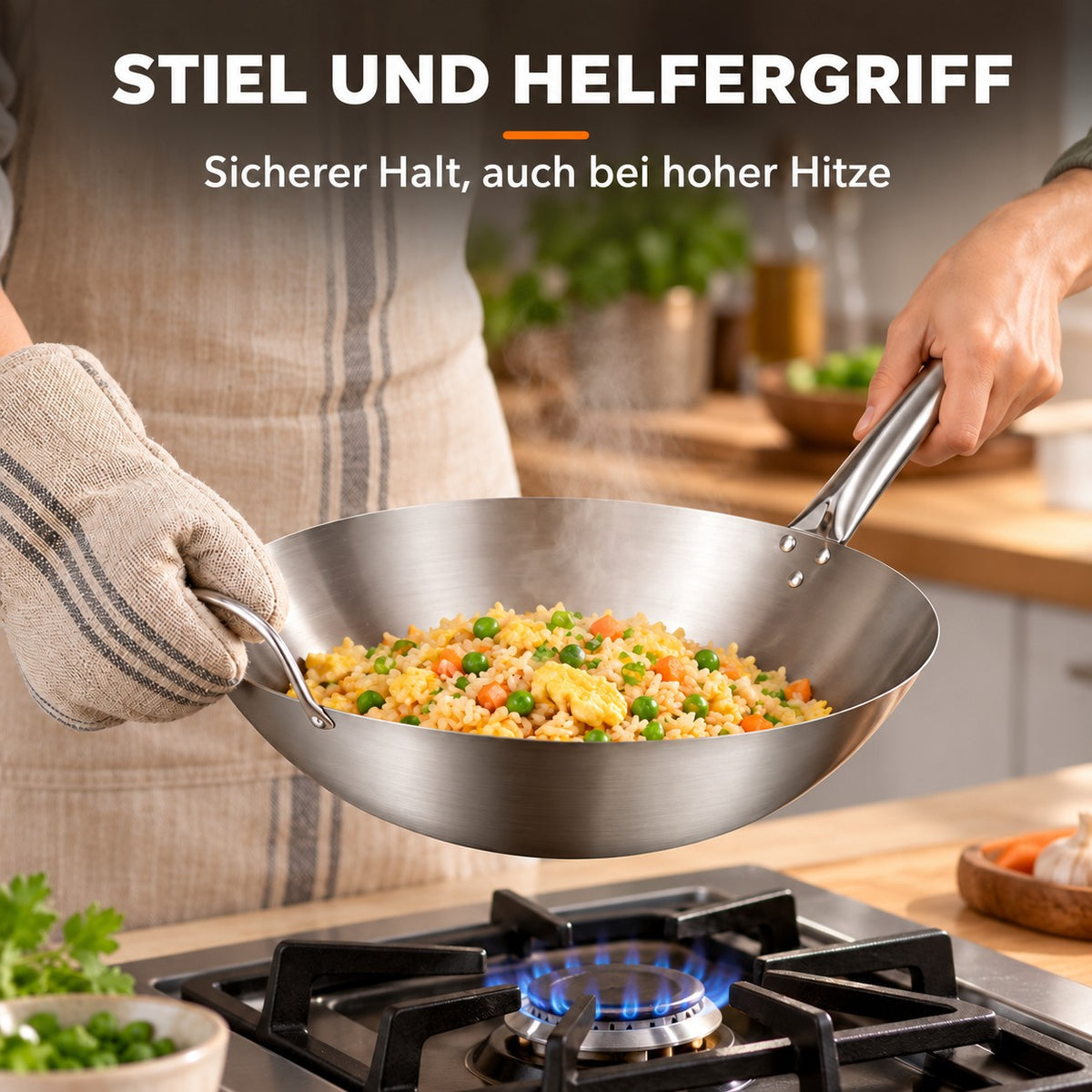 Le Asama – Wok für Gasbrenner, STIEL UND HELFERGRIFF: Sicherer Halt, auch bei hoher Hitze