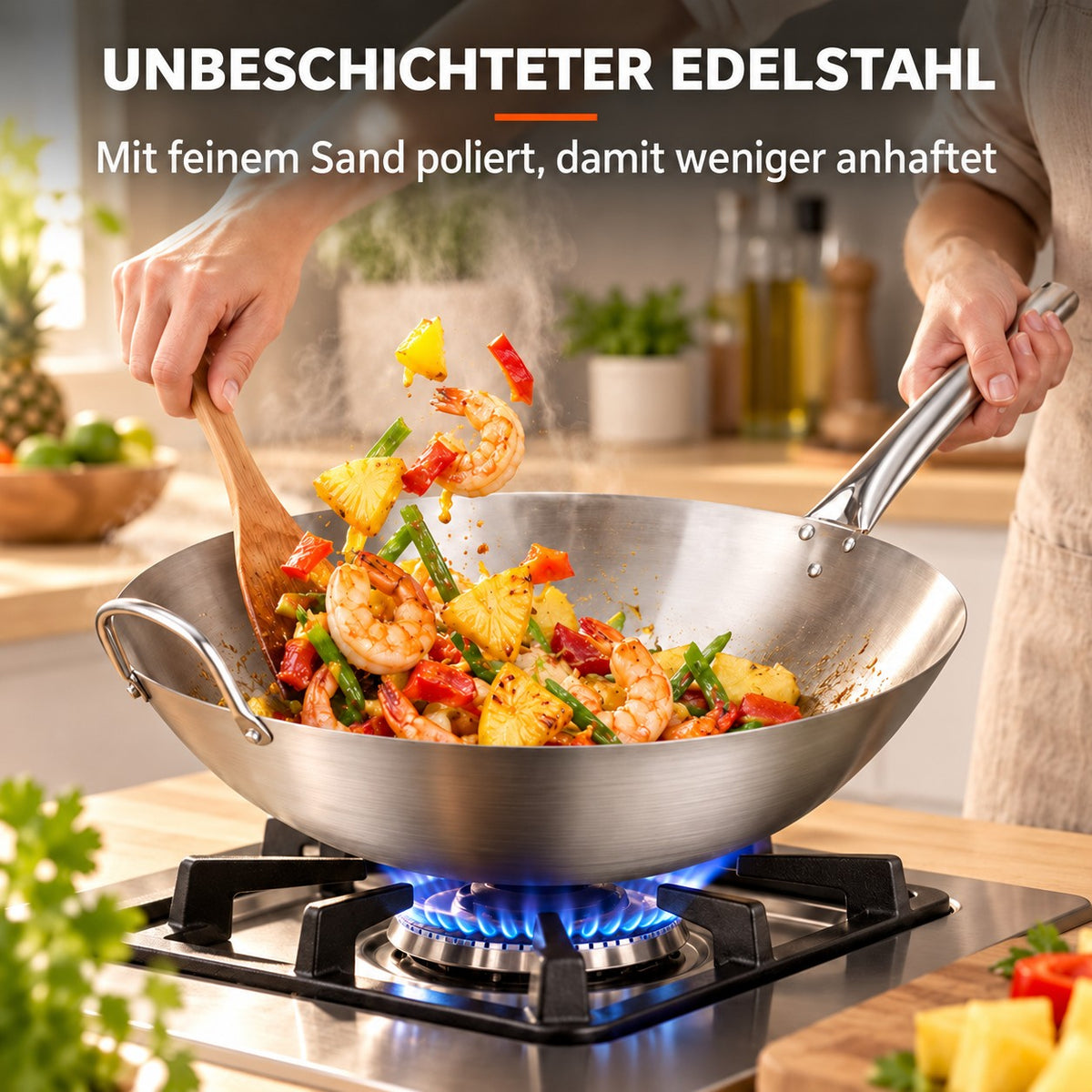 Le Asama – Wok für Gasbrenner, UNBESCHICHTETER EDELSTAHL: Mit feinem Sand poliert, damit weniger anhaftet