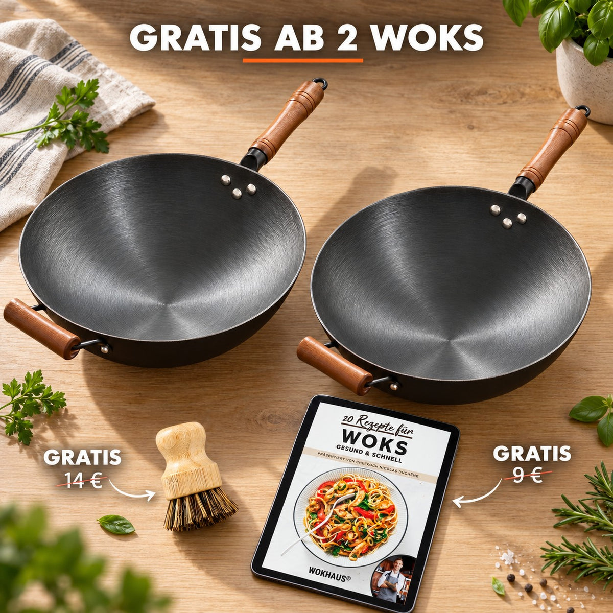 Le Namsan – Wok für Gasgrill, GRATIS AB 2 WOKS: Bambusbürste (14 €), Rezeptbuch (9 €)