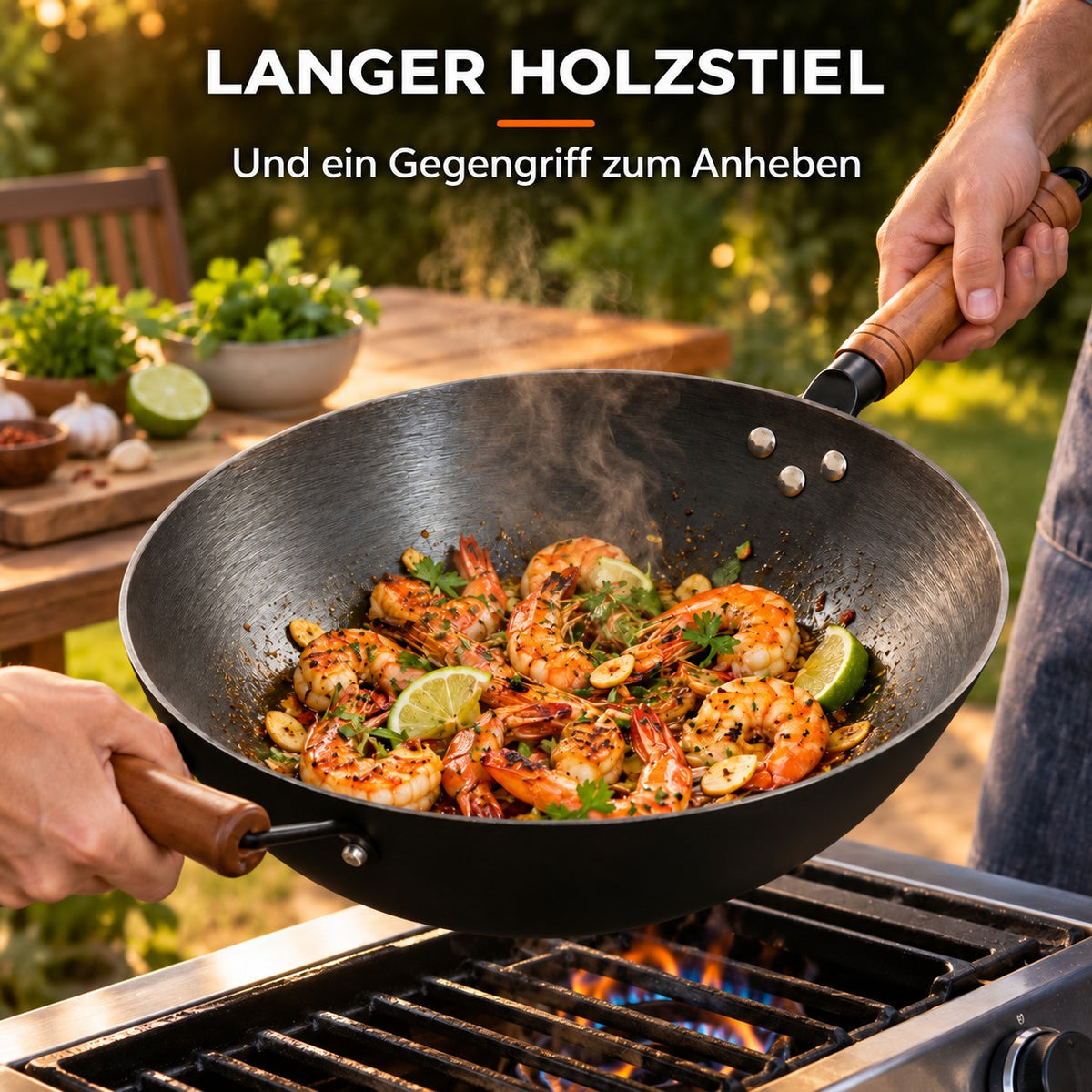 Le Namsan – Wok für Gasgrill, LANGER HOLZSTIEL: Und ein Gegengriff zum Anheben