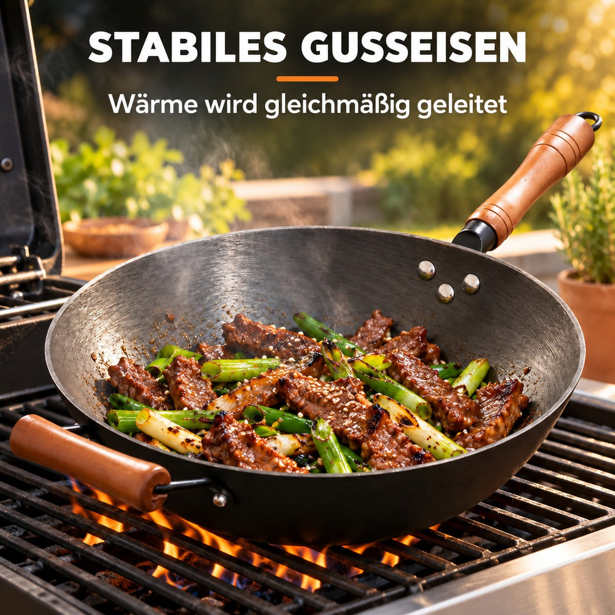 Le Namsan – Wok für Gasgrill, STABILES GUSSEISEN: Wärme wird gleichmäßig geleitet