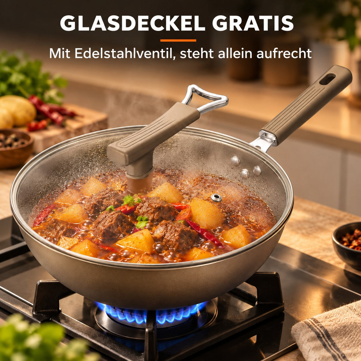 Le Hakkoda – Wok, GLASDECKEL GRATIS: Mit Edelstahlventil, steht allein aufrecht