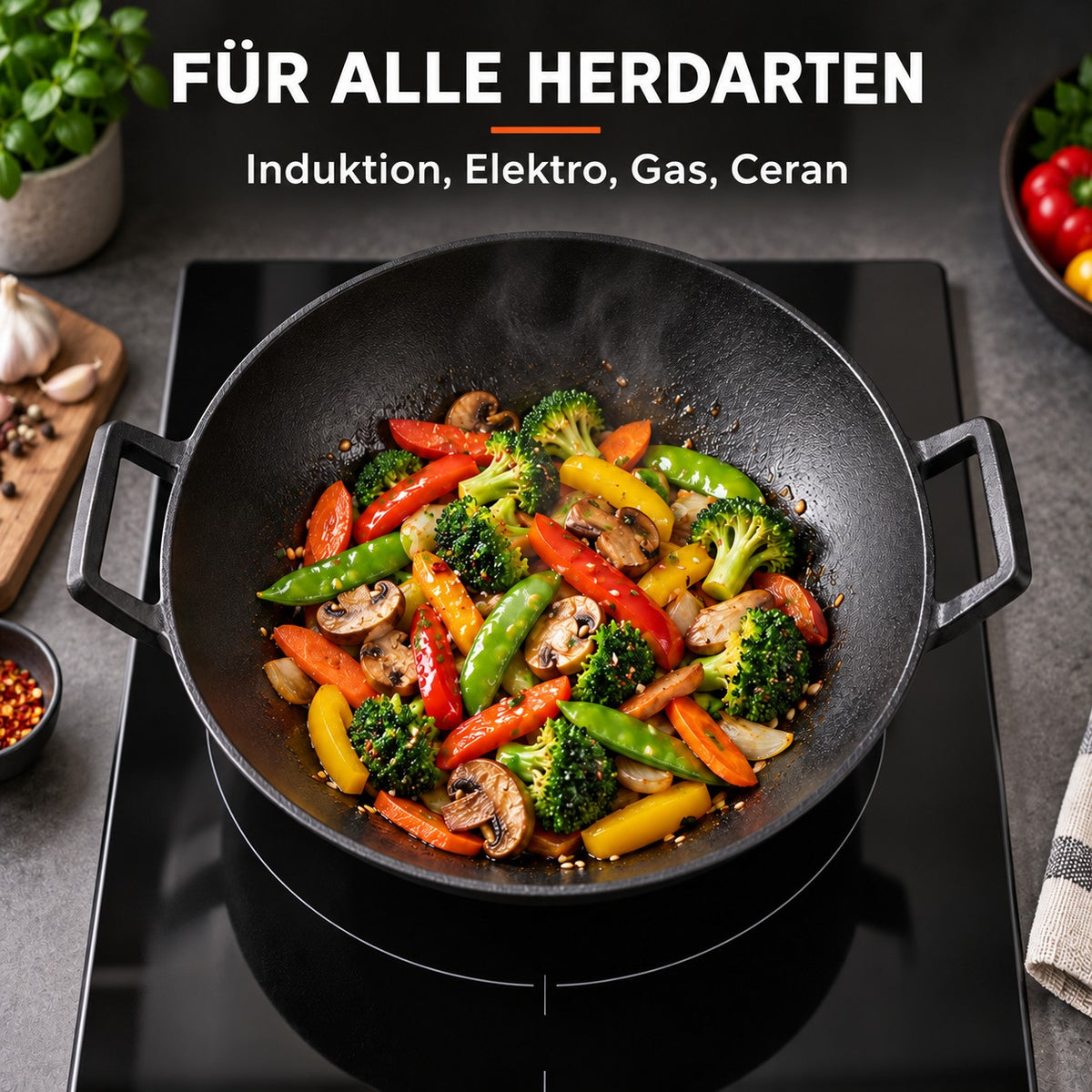 Le Fulan – Wok Gusseisen Ceranfeld, FÜR ALLE HERDARTEN: Induktion, Elektro, Gas, Ceran