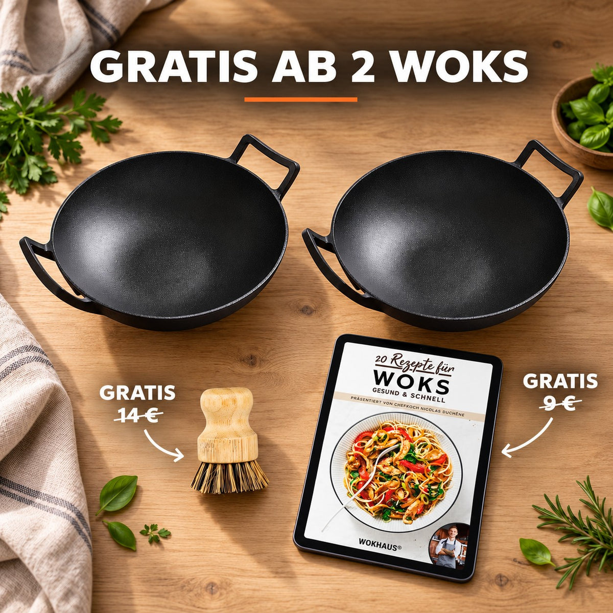 Le Fulan – Wok Gusseisen Ceranfeld, GRATIS AB 2 WOKS: Bambusbürste (14 €), Rezeptbuch (9 €)