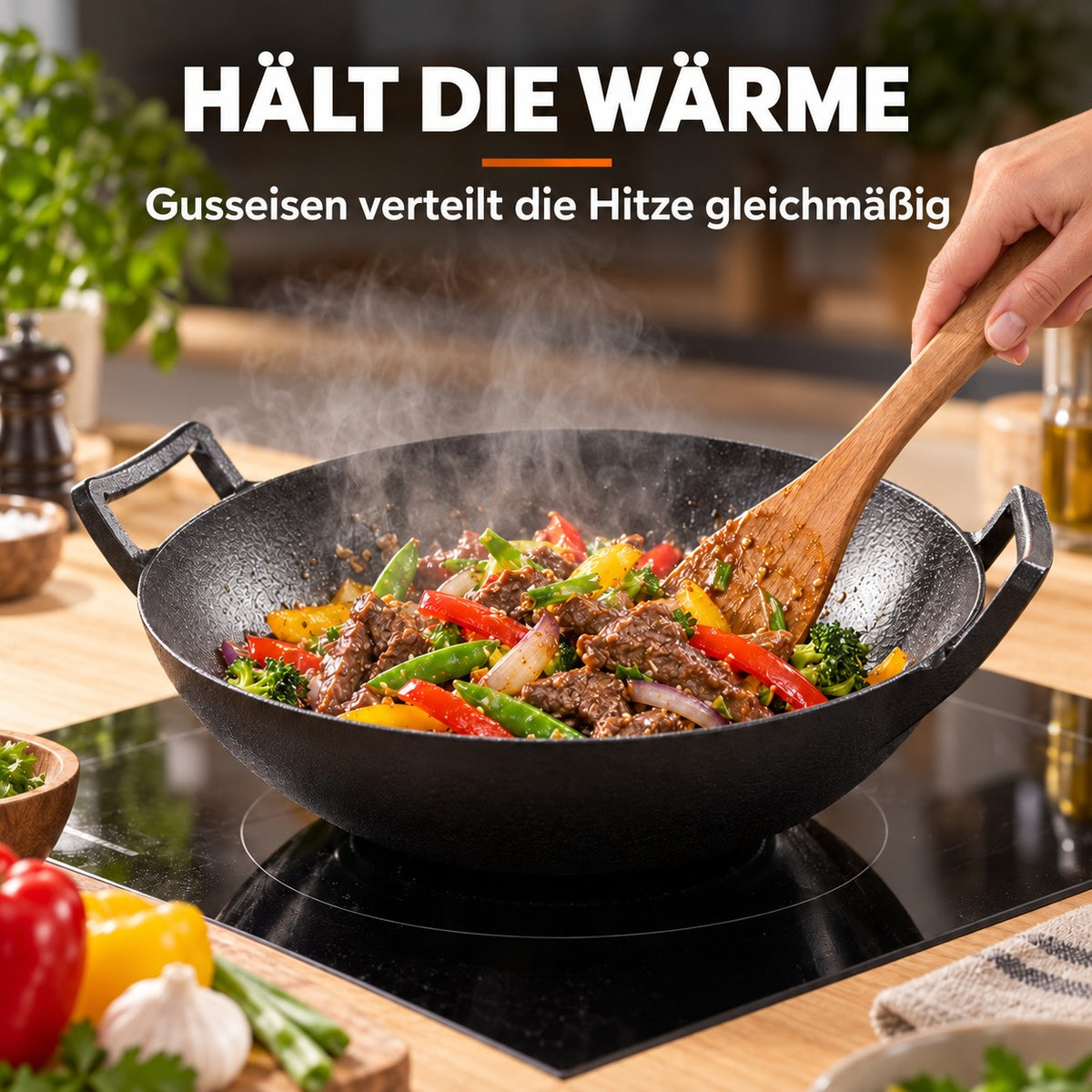 Le Fulan – Wok Gusseisen Ceranfeld, HÄLT DIE WÄRME: Gusseisen verteilt die Hitze gleichmäßig