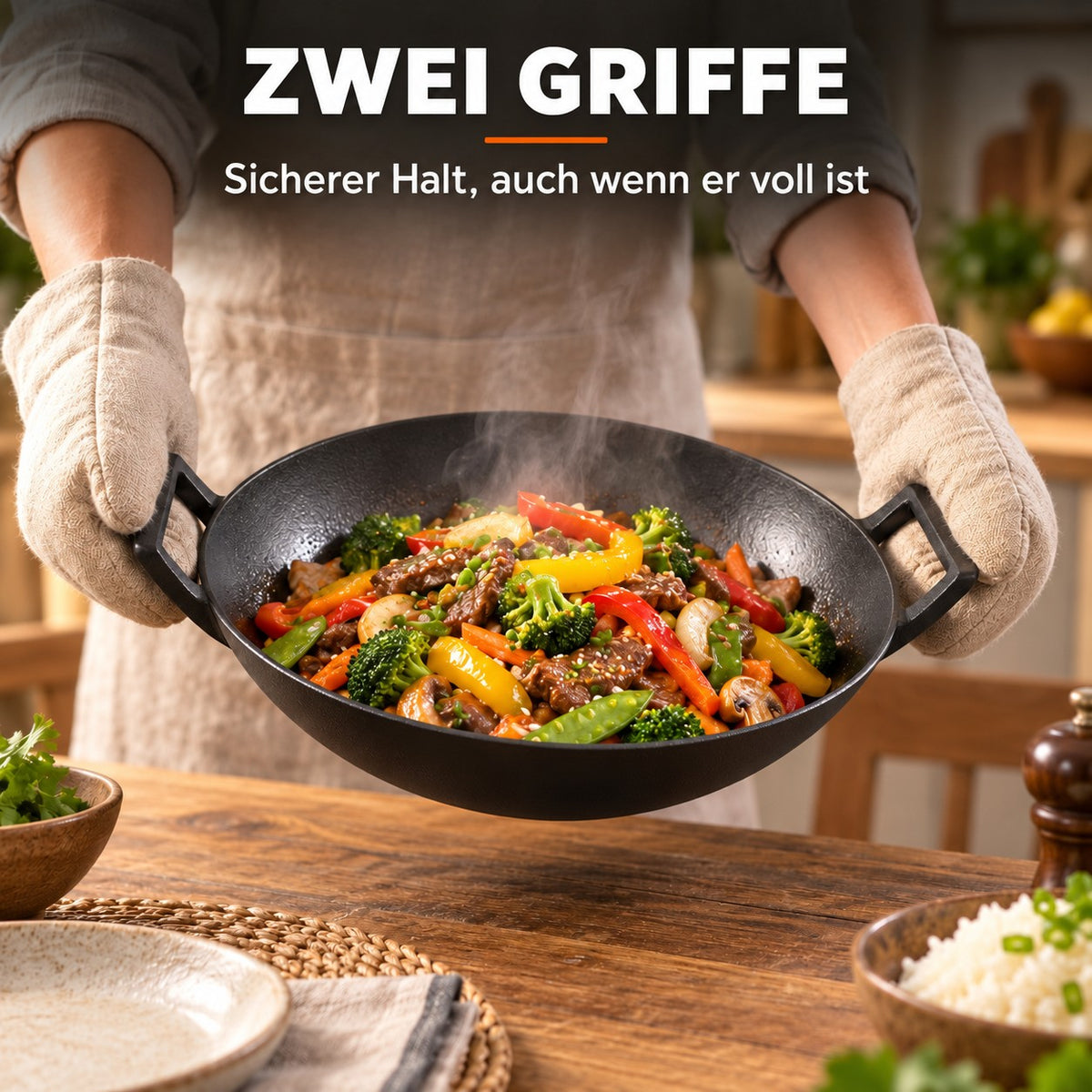 Le Fulan – Wok Gusseisen Ceranfeld, ZWEI GRIFFE: Sicherer Halt, auch wenn er voll ist