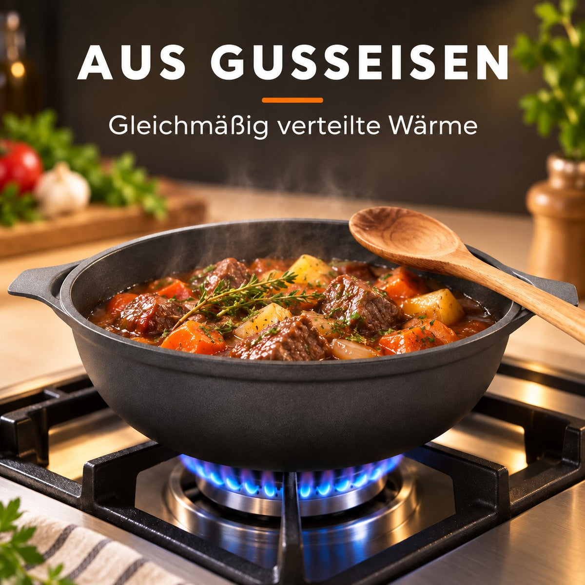 Le Maisan – Wok Gusseisen Emailliert, AUS GUSSEISEN: Gleichmäßig verteilte Wärme